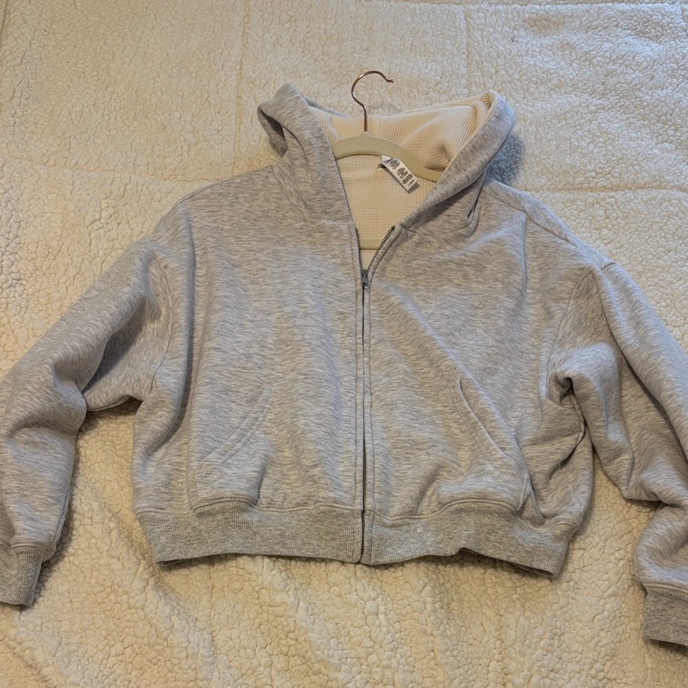 Skims Cotton Fleece Waffle Lined Cropped Zip Up Hoodie Light Heather Grey size L
